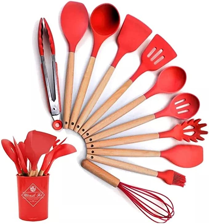 Kit C/ 12 Utensílios Cozinha Silicone Cabo Madeira