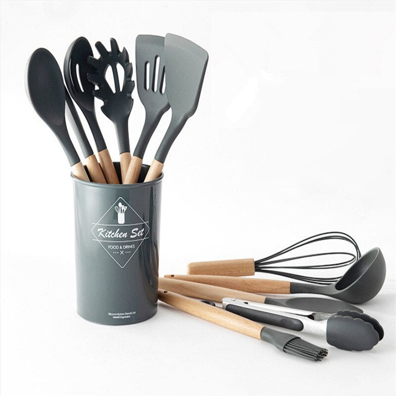 Kit C/ 12 Utensílios Cozinha Silicone Cabo Madeira